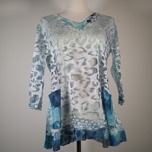 Impulse California Blue White Animal Print Burnout V-Neck Tunic Top Medium